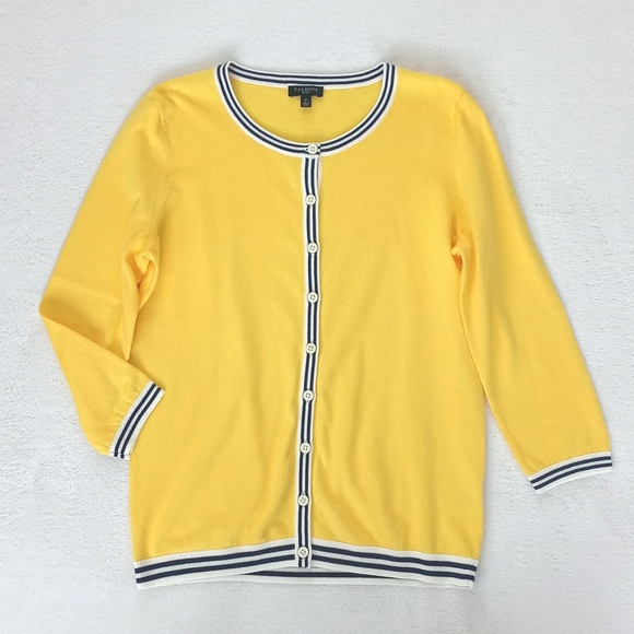 Talbots Sweaters - Talbots Women's Canary Yellow w Blue White Trim 3/4 Sleeve Cardigan Sweater P